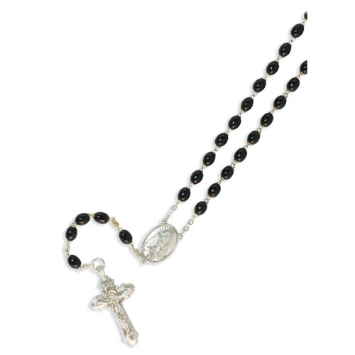 Silver-tone Black Wood Bead Crucifix Rosary Necklace 32 Inch