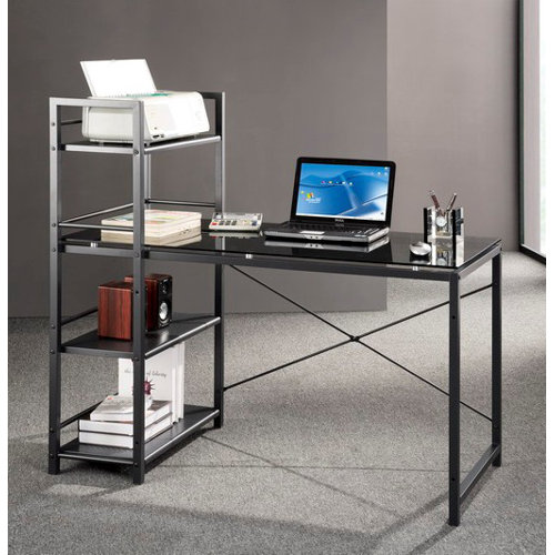 Techni Mobili Glass Top Computer Desk with 4 Shelf Metal Bookcase
