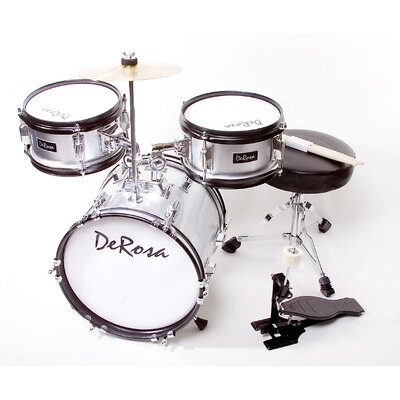 DeRosa Silver 3 Piece 12 Kids Drum Set with Sticks and Drum Chair