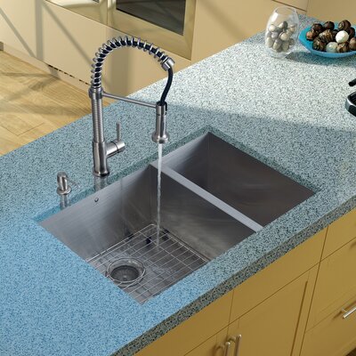 Vigo 29 x 20 Double Bowl Undermount Kitchen Sink with Faucet, Grid