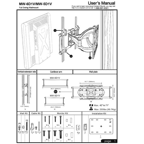 Full Motion Dual Arm TV Wall Mount for 42   71 Screens   MW 6D1VB