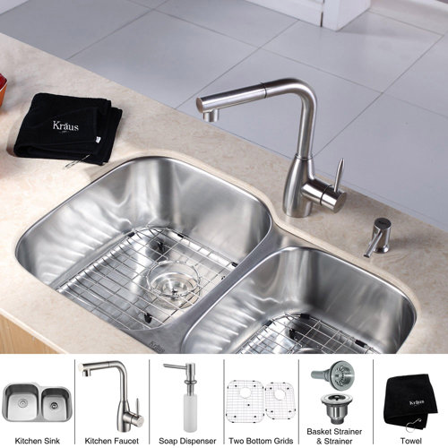 Kraus 32 x 20.75 8 Piece Undermount Double Bowl Kitchen Sink Set