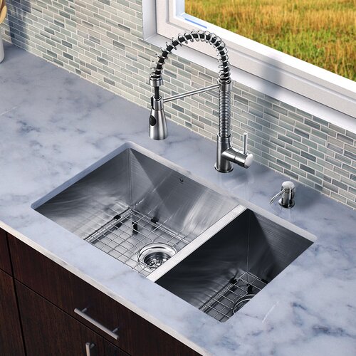 Vigo 29 x 20 Zero Radius Double Bowl Kitchen Sink with Sprayer