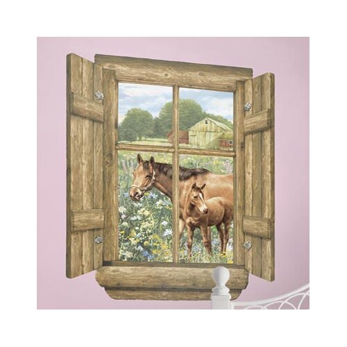 Walls Unique Peel and Stick Log Window Horse Wall Decal