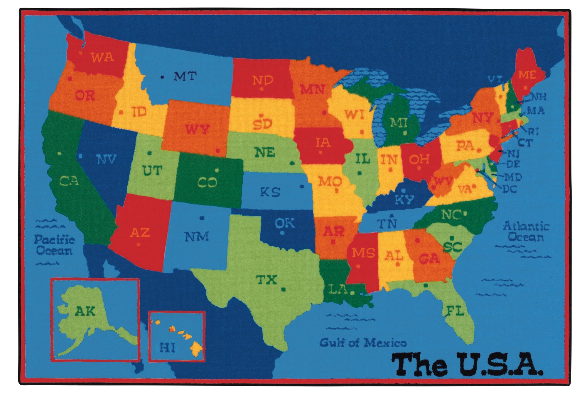 USA 50 States Kids Area Rug. State Abbreviation